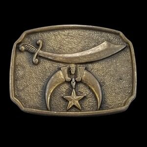 Shriners Masonic Belt Buckle Sword Crescent Star Vintage Metal USA‎ Made